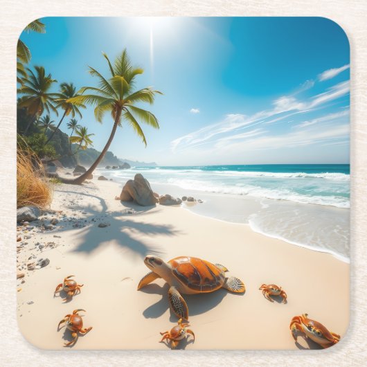 Sea  Crabs on Tropical Beach – Serene Ocea スクエアペーパーコースター (正面)