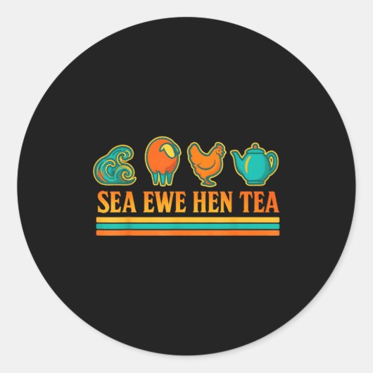 Sea Ewe Hen Tea Funny Pun Saying Retro Style  ラウンドシール (正面)