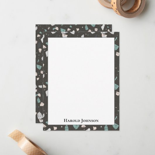 Sea Green Grey Glass Chips Terrazzo Pattern Frame ノートカード (正面/裏面インサイチュ)