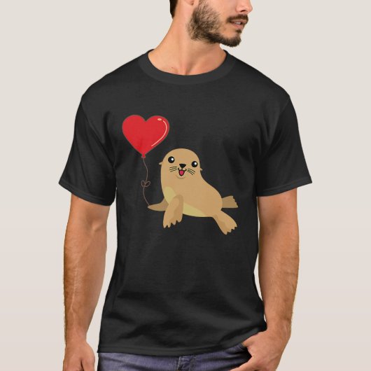 Sea Lion With Heart Balloon Valentines Day Love Bo Tシャツ (正面)