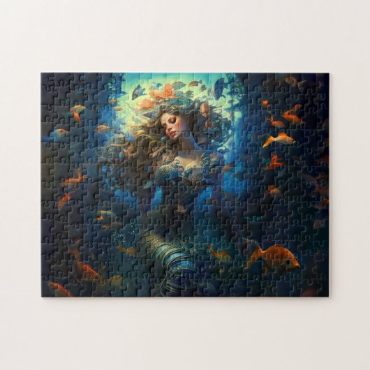 Sea Nymph Surrounded by Fish Fantasy Painting ジグソーパズル (横)