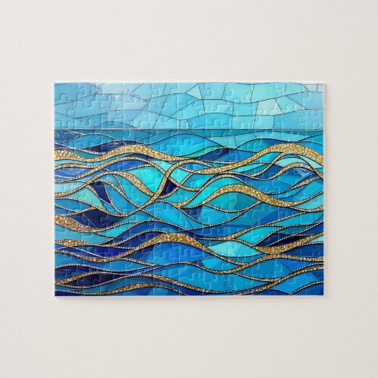 Sea of Waves Blue and Gold Mosaic Art ジグソーパズル (横)