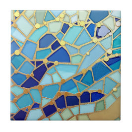 Sea of Waves Blue and Gold Mosaic Fine Art タイル