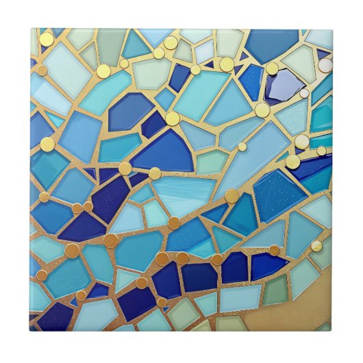 Sea of Waves Blue and Gold Mosaic Fine Art タイル (正面)