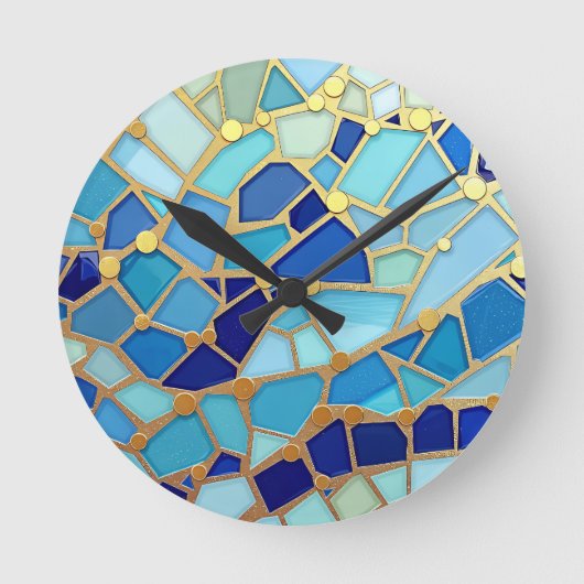 Sea of Waves Blue and Gold Mosaic Fine Art ラウンド壁時計 (正面)