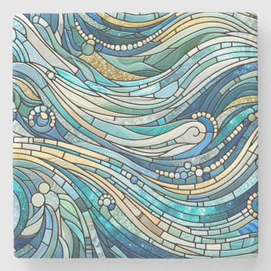 Sea of Waves Teal Mosaic Fine Art ストーンコースター (正面)