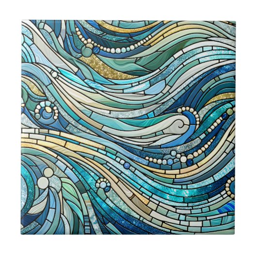 Sea of Waves Teal Mosaic Fine Art タイル (正面)