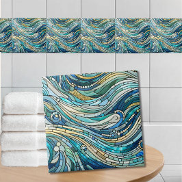 Sea of Waves Teal Mosaic Fine Art タイル
