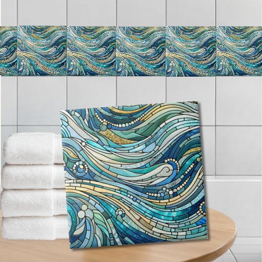 Sea of Waves Teal Mosaic Fine Art タイル