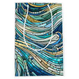 Sea of Waves Teal Mosaic Fine Art ミディアムペーパーバッグ