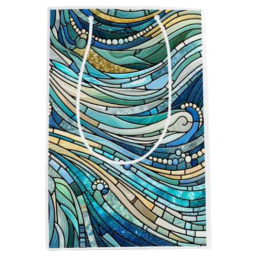 Sea of Waves Teal Mosaic Fine Art ミディアムペーパーバッグ (正面)