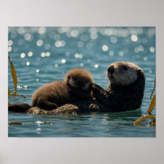 Sea Otter Mom & Pup Floating in Sparkling Ocean  ポスター