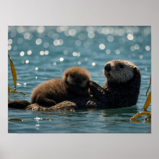 Sea Otter Mom & Pup Floating in Sparkling Ocean  ポスター (正面)