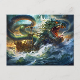 Sea Serpent Attacking Ship in Storm Fantasy Painti ポストカード