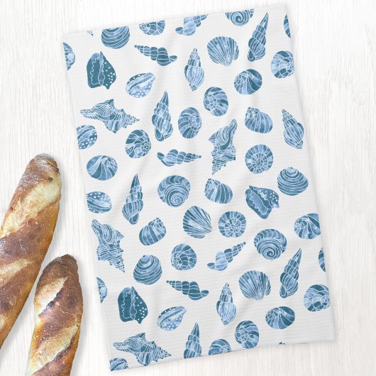 Sea Shell Watercolor Nautical Coastal Blue キッチンタオル