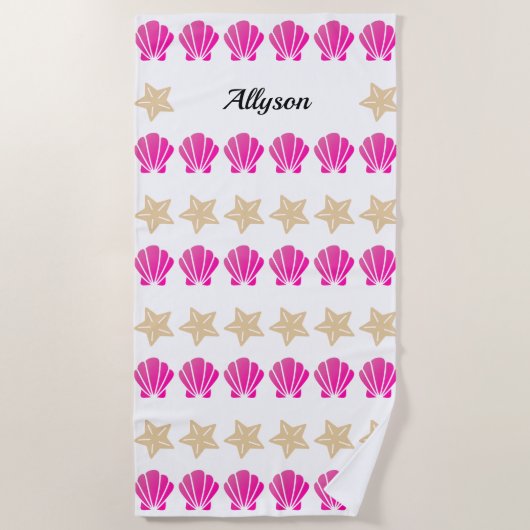 Sea Shells & Starfish、ブラックスクリプト名 ビーチタオル (正面)