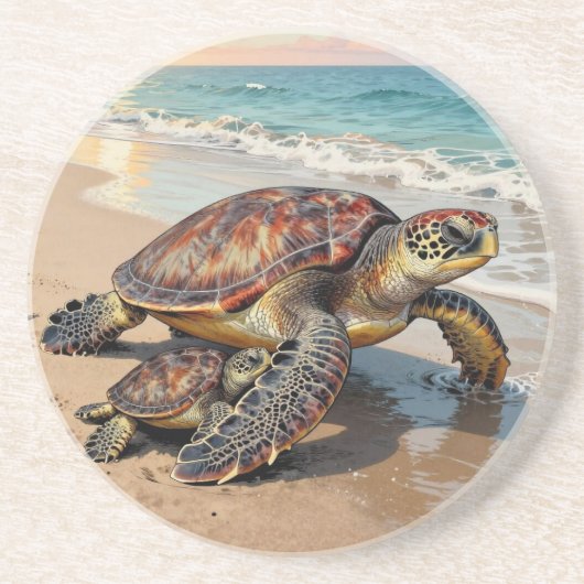 Sea Turtle and Baby Illustration  コースター (正面)