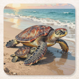 Sea Turtle and Baby Illustration  スクエアペーパーコースター