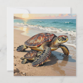 Sea Turtle and Baby Illustration | 無地 カード