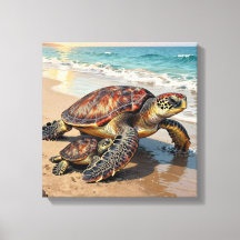 Sea Turtle and Baby on Beach Illustration