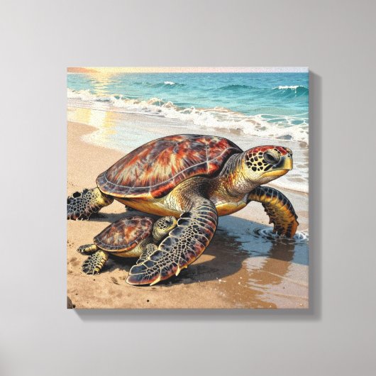 Sea Turtle and Baby on Beach Illustration キャンバスプリント (正面)