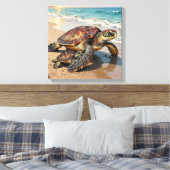 Sea Turtle and Baby on Beach Illustration キャンバスプリント (インサイチュ (寝室))