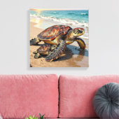 Sea Turtle and Baby on Beach Illustration キャンバスプリント (インサイチュ (リビング))
