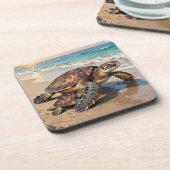 Sea Turtle and Baby on Beach Illustration コースター (左側)
