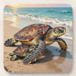 Sea Turtle and Baby on Beach Illustration コースター
