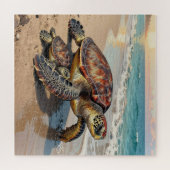 Sea Turtle and Baby on Beach Illustration ジグソーパズル (横)