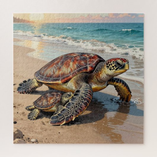 Sea Turtle and Baby on Beach Illustration ジグソーパズル (縦)