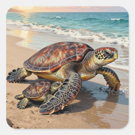 Sea Turtle and Baby on Beach Illustration スクエアシール (正面)
