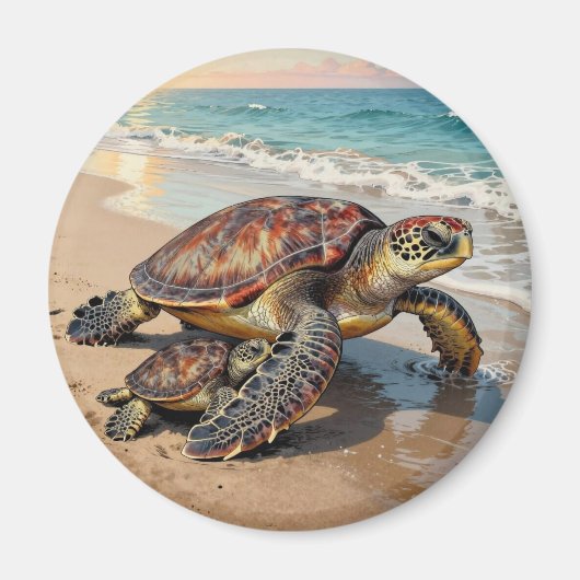 Sea Turtle and Baby on Beach Illustration マグネット (正面)
