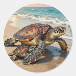 Sea Turtle and Baby on Beach Illustration ラウンドシール