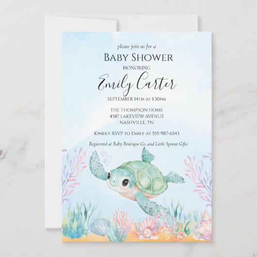 Sea Turtle Baby Shower Invitation - Pink 招待状 (正面)