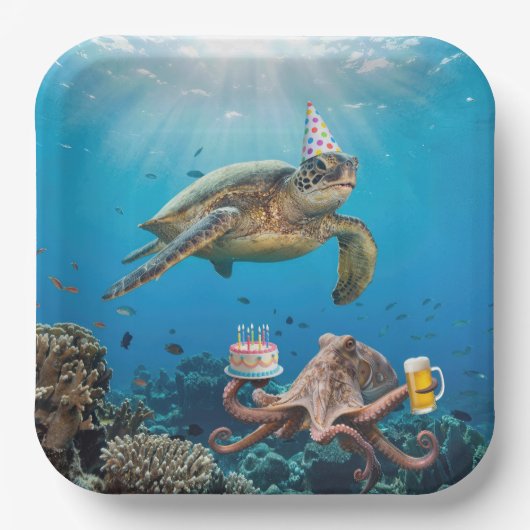 Sea Turtle Birthday Party with Octopus ペーパープレート (正面)