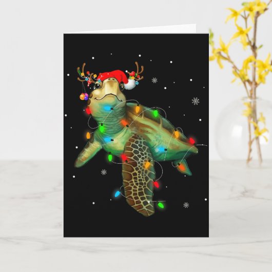 Sea Turtle Christmas Lights Funny Santa Hat Merry  カード (黄色い花)