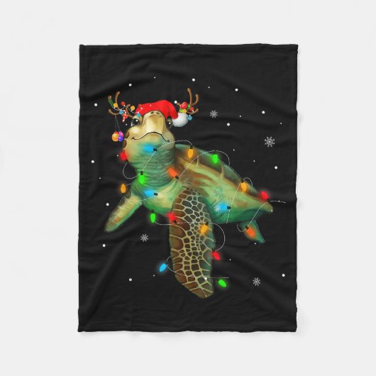 Sea Turtle Christmas Lights Funny Santa Hat Merry フリースブランケット (正面)