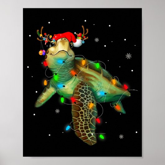 Sea Turtle Christmas Lights Funny Santa Hat Merry  ポスター (正面)