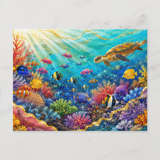 Sea Turtle Colorful Coral Reef & Tropical Fish ポストカード