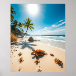 Sea Turtle & Crabs on Tropical Beach – Serene Ocea ポスター