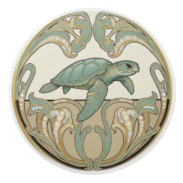 Sea Turtle Green Cream & Gold Art Deco Nouveau セラミックノブ