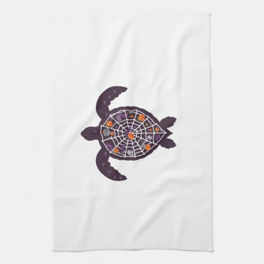 Sea Turtle Halloween Spider-web Pumpkin Ghost Hall キッチンタオル (縦)