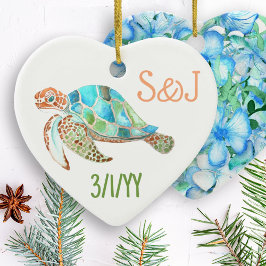 Sea Turtle Heart, Monogram Christmas セラミックオーナメント
