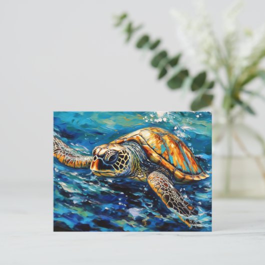 Sea Turtle in Expressive Oil Brushwork ポストカード (スタンド正面)