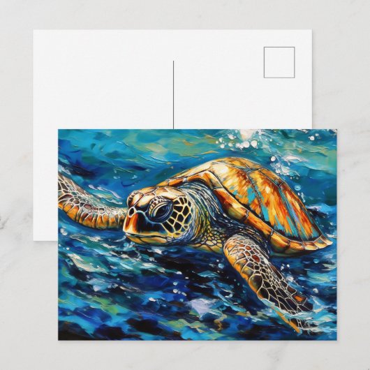 Sea Turtle in Expressive Oil Brushwork ポストカード (正面/裏面)