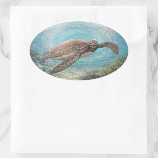 Sea Turtle in Ocean Vortex 楕円形シール (バッグ)