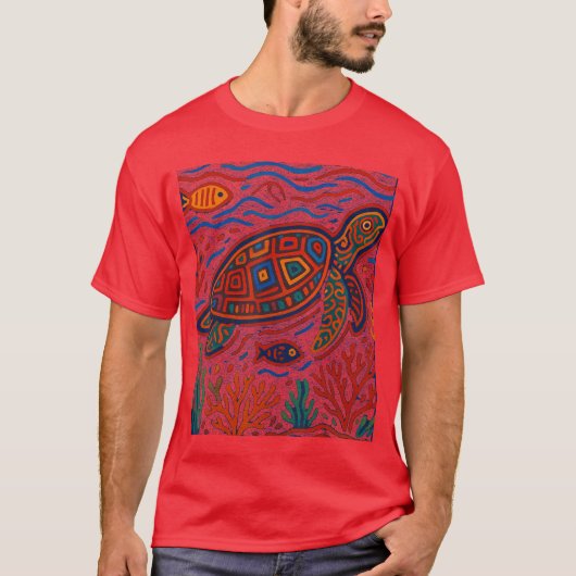 Sea Turtle Inspired by Mola Artwork of Panama Kuna Tシャツ (正面)