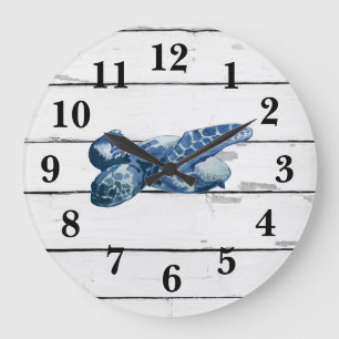 Sea Turtle Nautical Blue Wheel Ship Rustic Decor ラージ壁時計