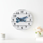 Sea Turtle Nautical Blue Wheel Ship Rustic Decor ラージ壁時計 (ホーム)